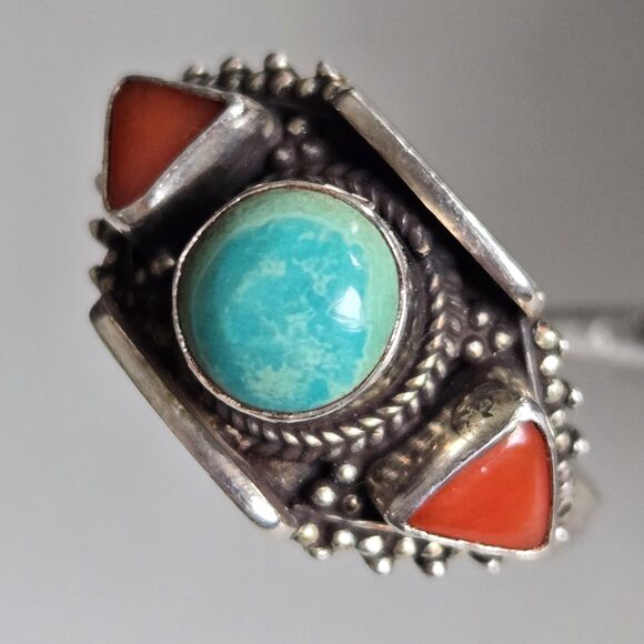 Estate Other - Mens Turquoise Coral 925 Sterling Ring Vintage Tibetan Boho Statement Sz 10.5